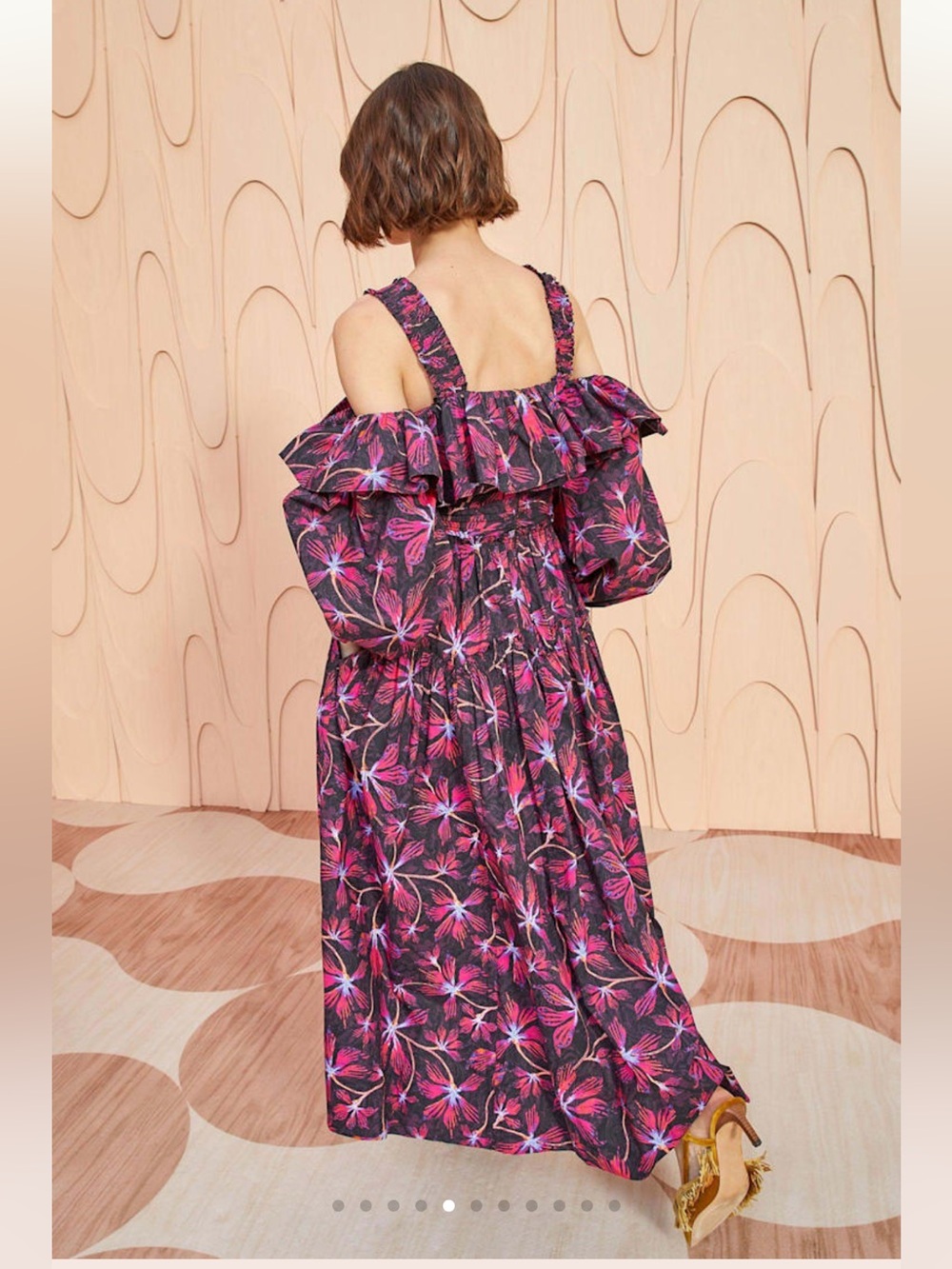 Ulla Johnson Cold Shoulder Floral Dress Pink Black Ruffle Sleeve Long Sleeve - Picture 4 of 10
